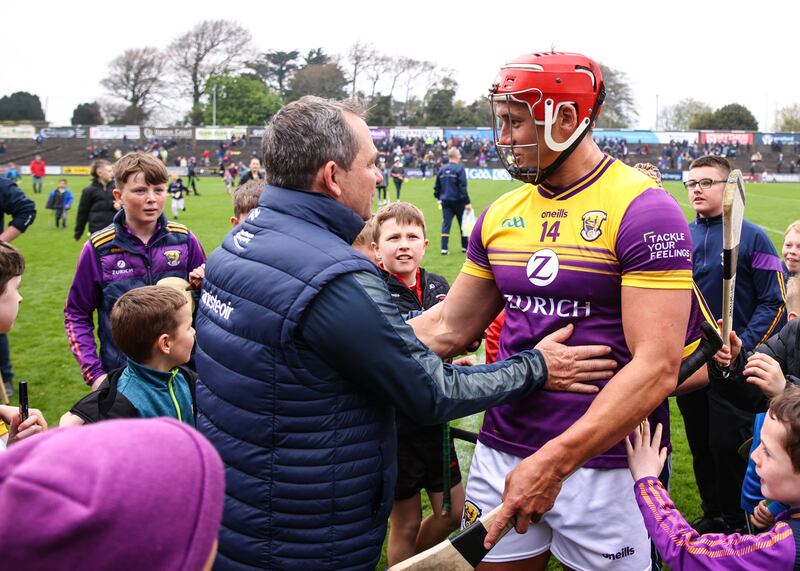 Antrim manager Davy Fitzgerald after the game with Wexford's Lee Chin. Photograph: Ben Brady/Inpho