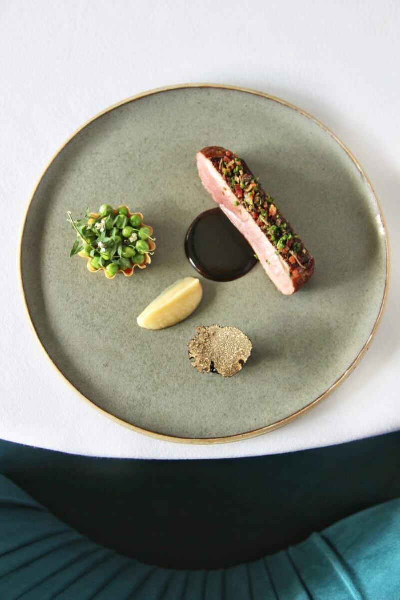 Glazed Thornhill duck, foie gras, greengage, vetch, onion miso and sauce grand veneur.