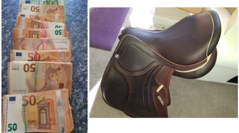 Cash and a saddle valued at over €4,000 seized during the operation. Photograph: Garda Press Office