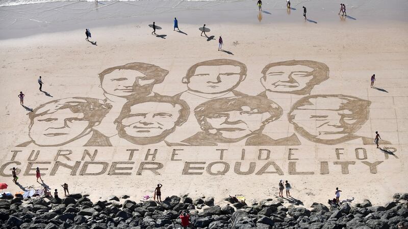 A sand art performance by French artist Sam Dougados representing G7 leaders (L-R, Boris Johnson, Justin Trudeau, Giuseppe Conte, Emmanuel Macron, Angela Merkel, Shinzo Abe and Donald Trump) for  the ONE Campaign to promote gender equality is displayed at the Plage de la CÃ´te des Basques on the eve of the G7 summit in Biarritz. Photograph: Julien de Rosa/EPA