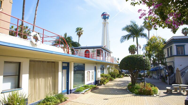Art deco ‘Crossroads of the World’ mall on Sunset Blvd and Las Palmas in Hollywood, California, designed as an ocean liner.