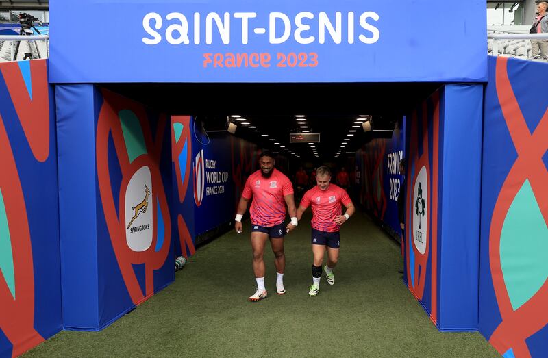 Bundee Aki and Craig Casey at the start of Ireland's captain's run. Photograph: Dan Sheridan /Inpho