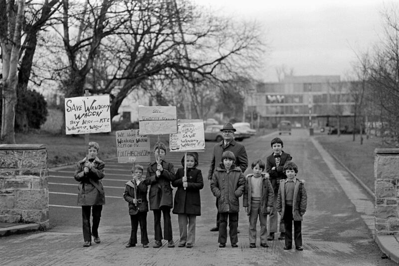1974: Children picket the gates of RTÉ in protest at a proposal to end the television programme Wanderly Wagon. Photograph: Des Gaffney/RTÉ