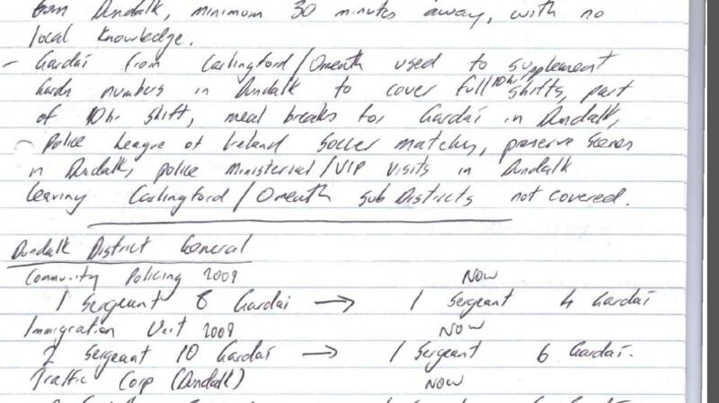 The document, written by Murdered Garda Tony Golden for the Cooley Peninsula Community Alert Group in October 2013, was intended to brief them as they campaigned for more resources in the wake of the murder of Det Garda Adrian Donohoe in the area in January of that year.