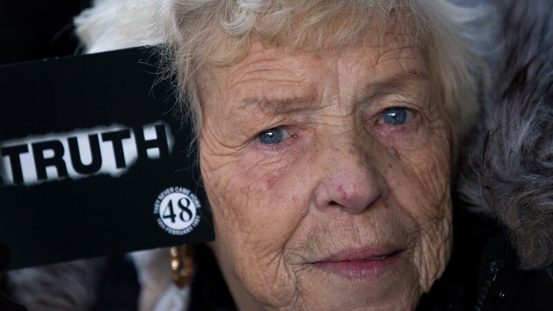 Christine Keegan, whose daughters were among the 48 victims of the Stardust nightclub fire, is pictured at the protest in Dublin on Tuesday.Photograph: Tom Honan/The Irish Times.