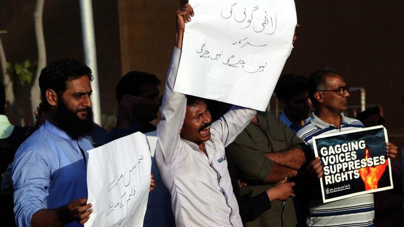 Pakistani journalists protest against harassment by armed men who entered Karachi Press Club in early November 2018. Photograph: Rehan Khan