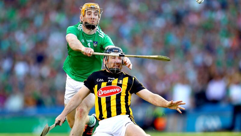 Limerick’s Richie English in action against Richie Hogan of Kilkenny during the All-Ireland hurling semi-final against Limerick at Croke Park. Photograph: James Crombie/Inpho