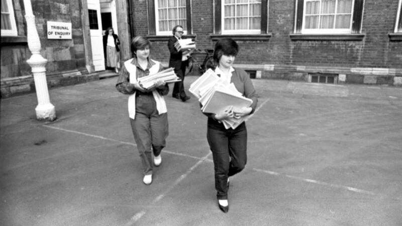 Joanne Hayes and her sister Kathleen leave the Kerry Babies tribunal with their solicitor  Patrick Mann. Photograph: Matt Kavanagh