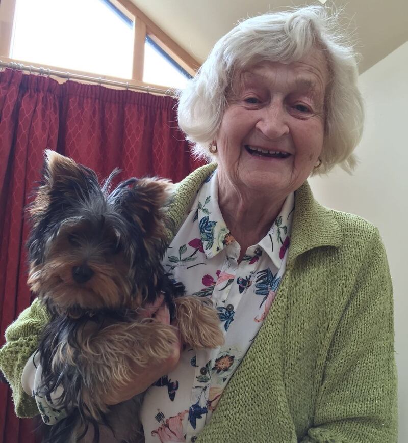 Dorothy "Cee" Hanley with her dog Pippin.