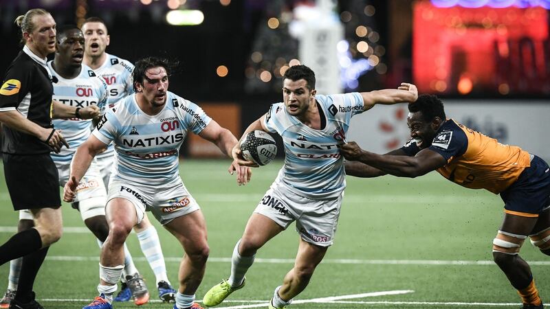 Montpellier’s  flanker Fulgence Ouedraogo  tackles Racing 92’s  full-back Brice Dulin  at the Paris La Défense Arena in Nanterre on December 21st. Photograph: Philippe Lopez/AFP via Getty Images