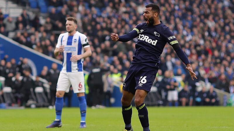 Ashley Cole scoree Derby’s consolation against Brighton. Photograph: Richard Heathcote/Getty