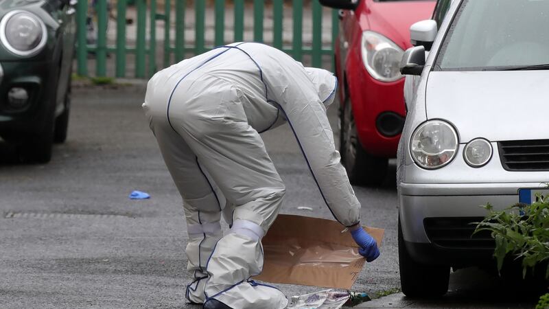 Gardaí at the scene of the  fatal stabbing on Clinchs Court, North Strand, Dublin. Photograph: Colin Keegan/Collins