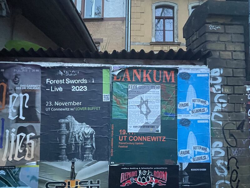 A poster advertising a concert for Irish group Lankum with a poster on top of it advertising a talk with an Israeli-born sports journalist, Felix Tamsut, about the effect of Oct 7th on Israeli society and the football fan community. Photograph: Derek Scally