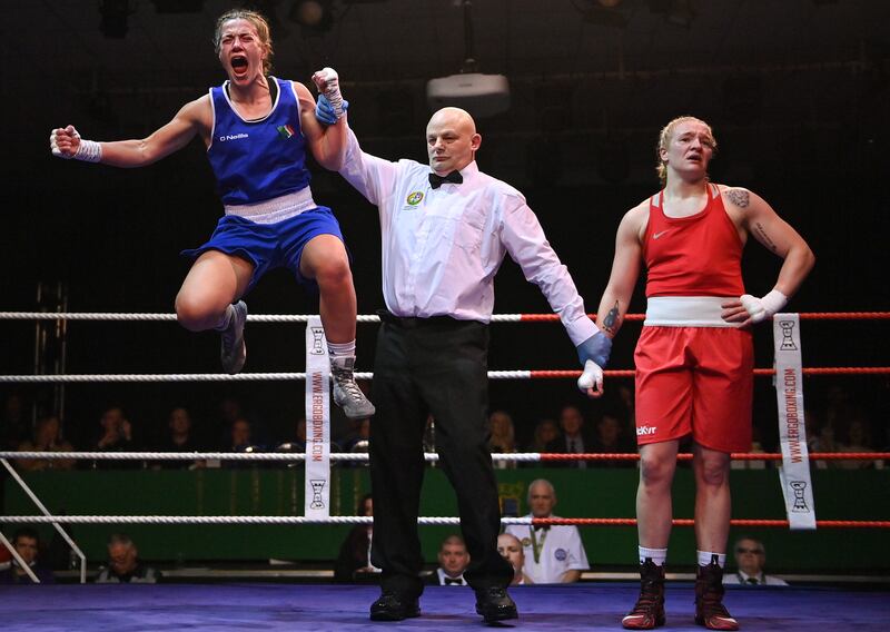 Gráinne Walsh celebrates after her victory over Amy Broadhurst in the welterweight 66kg final bout at the IABA National Elite Boxing Championships Finals at the National Boxing Stadium in Dublin. Photograph: Seb Daly/Sportsfile