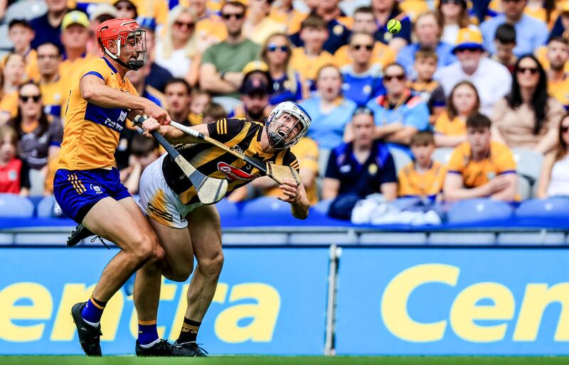 David Blanchfield of Kilkenny tussles with Peter Duggan of Clare at Croke Park. Photograph: Evan Treacy/INPHO
