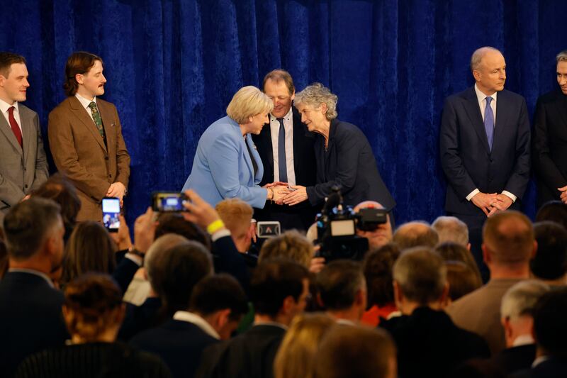 Fine Gael presidential election candidate Heather Humphreys congratulates Catherine Connolly following her election win. Photograph: Alan Betson/ The Irish Times