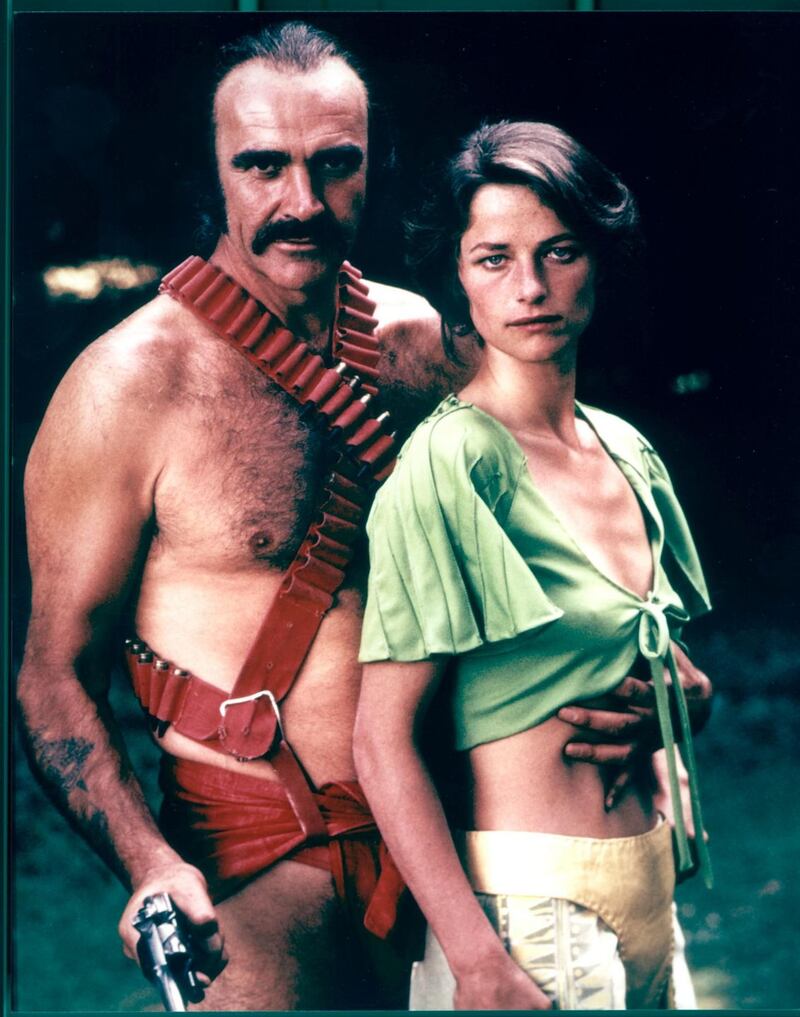 Scottish actor Sean Connery and English actress Charlotte Rampling pose in a promotional still for the science fiction film ‘Zardoz,’ directed by John Borman. Photograph by 20th Century Fox/Courtesy of Getty