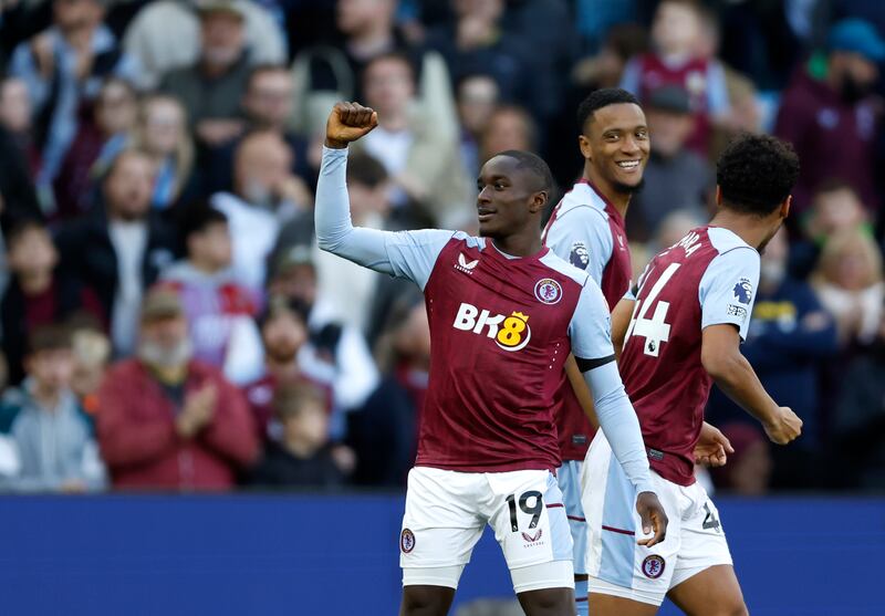 Moussa Diaby celebrates scoring for Villa in the home win over Luton in October. Photograph: Nigel French/PA Wire