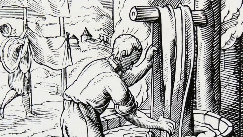 A history of Ireland in our favourite words: 58 – tenterhooks. Dying cloth and then (left) drying it on tenter frames. Illustration: Jost Amman. Photograph: Universal via Getty