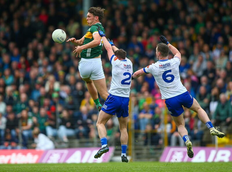 Kerry's David Clifford beats Monaghan's Ryan Wylie and Killian Lavelle to the ball. Clifford will again be piviotal to the Kingdom's hopes of lifting Sam this year. Photograh: Ken Sutton/Inpho