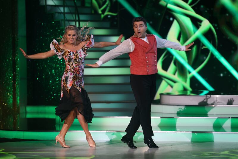 Broadcaster Carl Mullan with his dance Partner Emily Barker during the Dancing with the Stars 2023 semi-final. Photograph: Kyran O'Brien