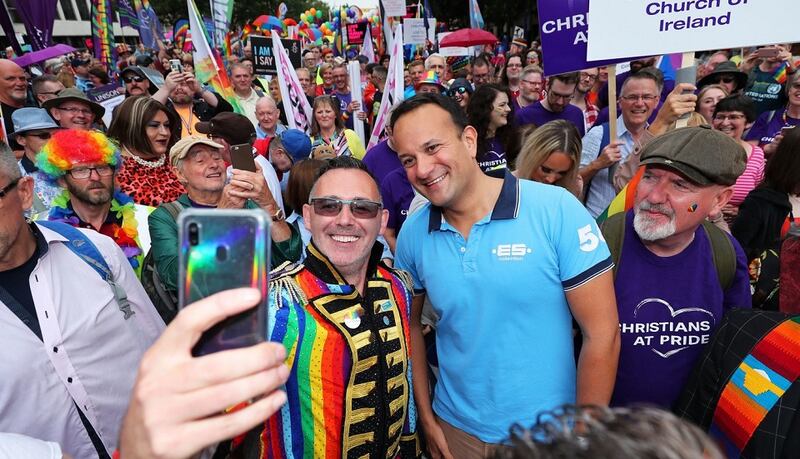 Taoiseach Leo Varadkar poses for a photo at the start of the Belfast Pride parade 2019. Picture: Niall Carson/PA Wire.