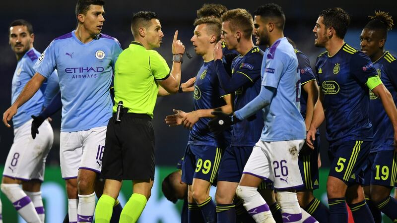 Tempers flare during Manchester City’s win over Dinamo Zagreb. Photograph: Dan Mullan/Getty