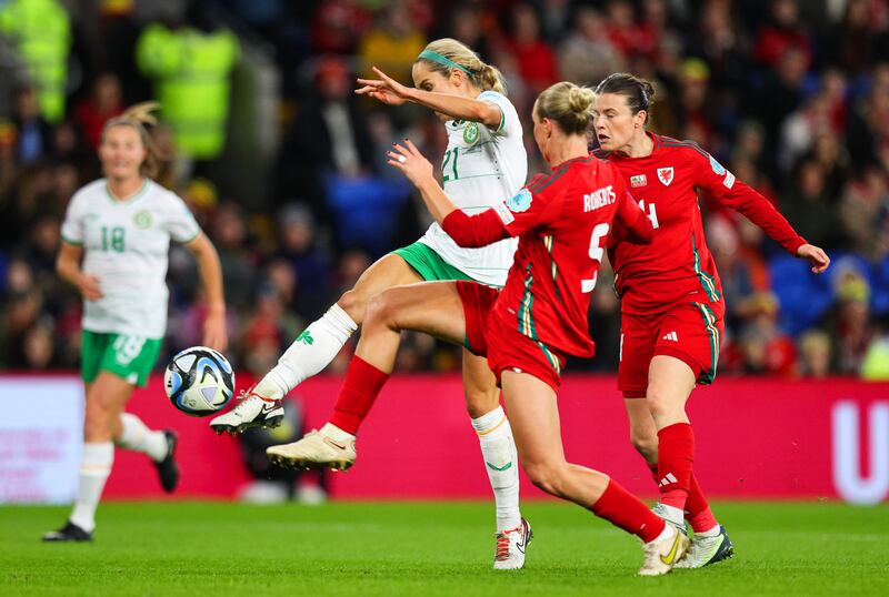 Julie-Ann Russell takes a shot during the first leg of Ireland's Euro 2025 qualifier playoff against Wales in Cardiff last November. Photograph: Ryan Byrne/Inpho