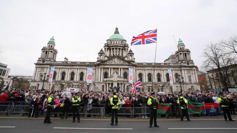 Supporters of former British soldiers react to a dissident republican protest outside Belfast City Hall as they protest over what they describe as a ‘witch-hunt’ against soldiers who served during the Troubles. Photograph Paul Faith/AFP/Getty Images