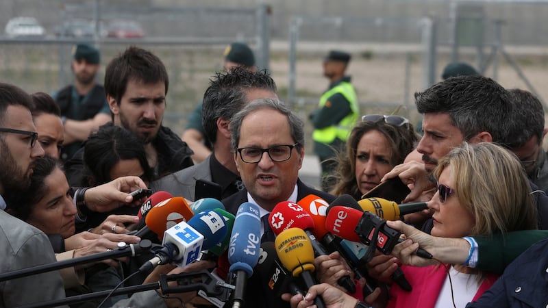 Newly elected Catalan regional leader Quim Torra outside the Estremera prison near Madrid where he visited Jordi Turull, Josep Rull and  other pro-independence politicians who are jailed there. Photograph: Sergio Perez/Reuters