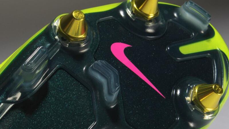 The sole of a hybrid soccer boot. These screw-in studs are illegal in rugby.”