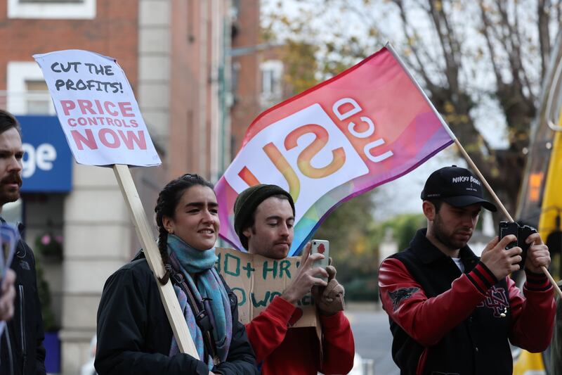 Protesters during a cost of living coalition protest in Rathmines, Dublin. Photograph: Nick Bradshaw/PA