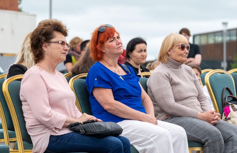 Ukrainian audience members Tetiana Kalnysh, Maryna Prokopenko and Liubov Podlesnaia at Festival in a Van in Dundalk. Photograph: Tom Honan 