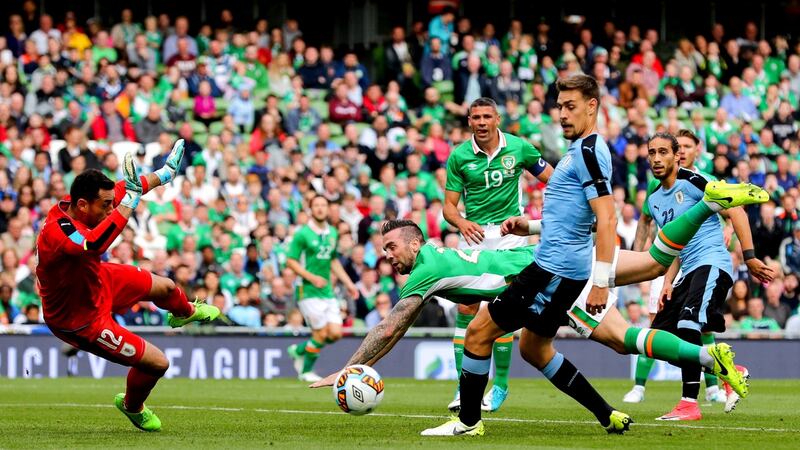 Ireland vs Uruguay: Shane Duffy goes close with a headed attempt. Photograph: ©INPHO/James Crombie