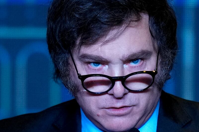 Javier Milei pauses while addressing supporters. Photograph: Natacha Pisarenko/AP