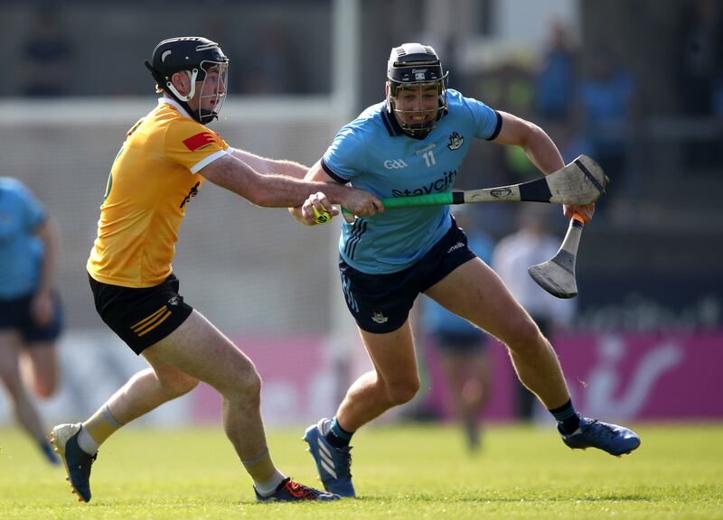 Antrim's Ryan McGarry tackles Dónal Burke of Dublin during the championship fixture in the capital earlier this month. Photograph: Leah Scholes/Inpho