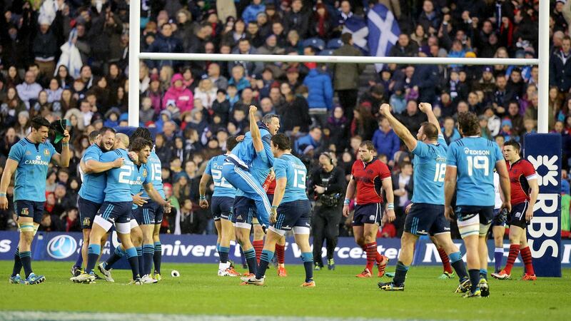 Italy celebrate their last Six Nations win  - over Scotland at Murrayfield in 2015. Photograph: Morgan Treacy/Inpho
