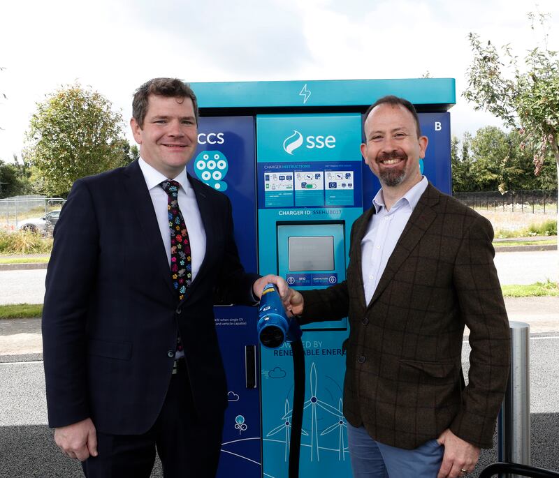 Minister for Enterprise Peter Burke and SSE's Sean O’Callaghan at the opening of SSE’s rapid EV charging hub in Mullingar, Co Westmeath