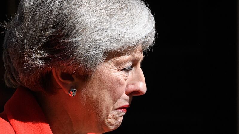 Then British prime minister Theresa May becomes emotional during a speech on May 24th, 2019 in which she announced her intention to resign on June 7th, 2019. Photograph: Leon Neal/Getty Images