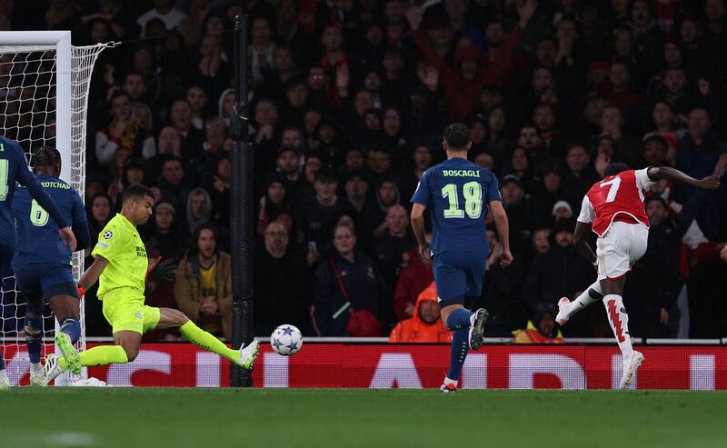 Bukayo Saka’s shot beats Walter Benítez to give Arsenal an early lead. Photograph: Adrian Dennis/AFP via Getty Images