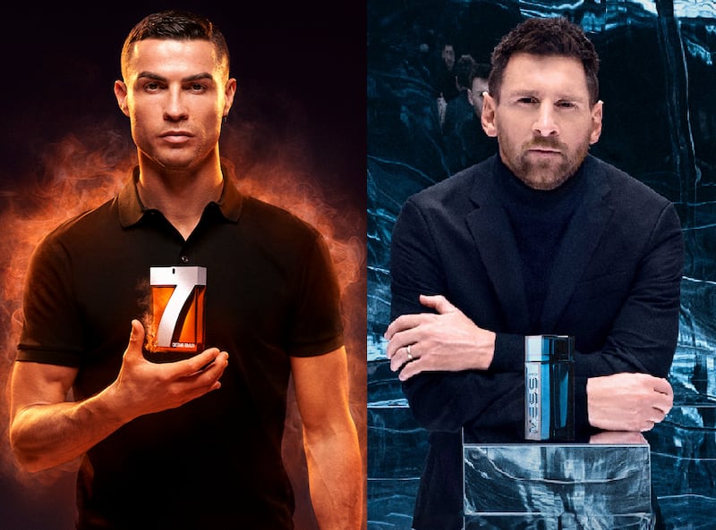 Cristiano Ronaldo and Lionel Messi with their perfumes