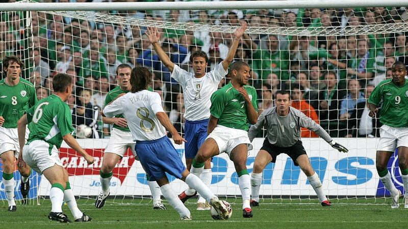 Andrea Pirlo scores Italy’s first goal in a friendly against Ireland in 2005. Photo: Lorraine O’Sullivan/Inpho