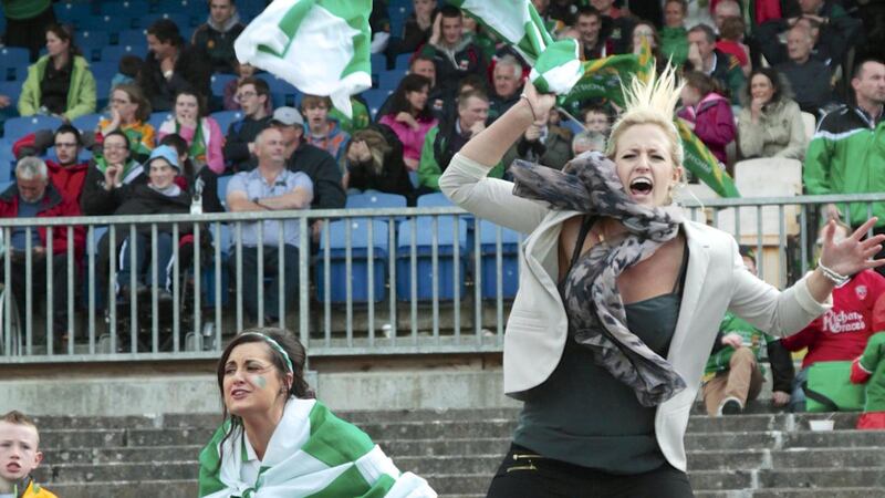 London fans cheer their side on their side in the final moments of the 2013 Connacht SFC semi-final replay at Dr Hyde Park in Roscommon. Photograph: Mike Shaughnessy/Inpho