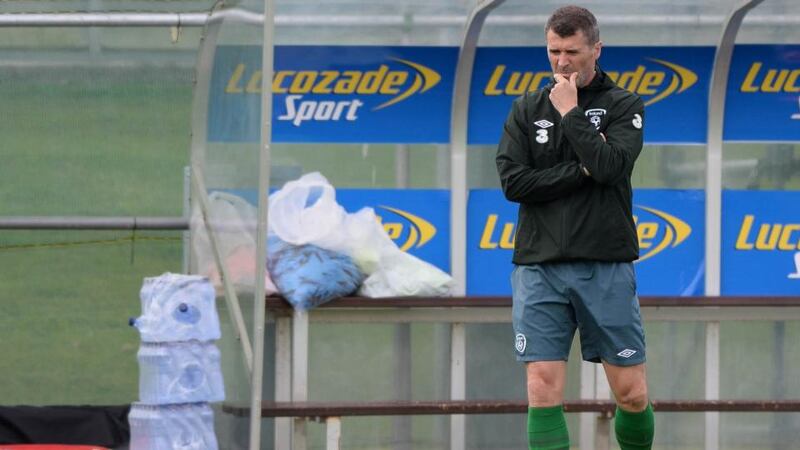 Republic of Ireland assistant coach Roy Keane deep in thought during yesterday’s Republic of Ireland training session at Gannon Park, Malahide, Co Dublin. Photograph:  Artur Widak/PA Wire.