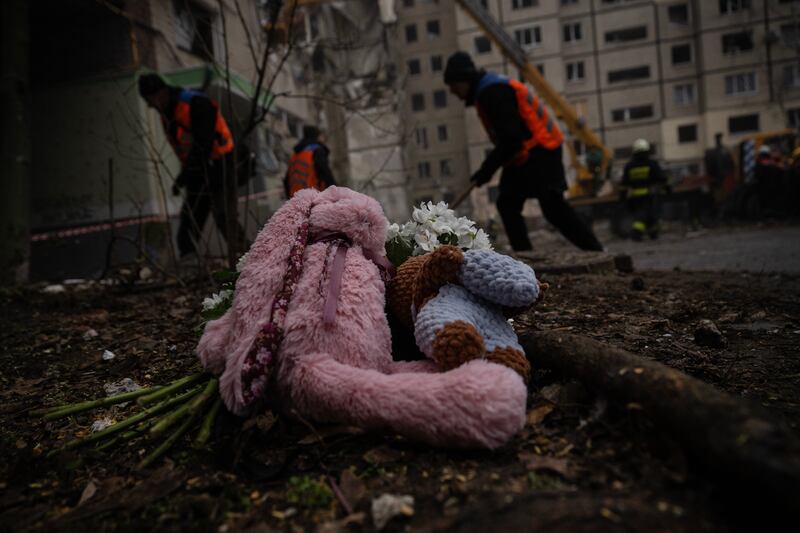 Children’s toys lying amid rubble at the site of the weekend Russian attack on an apartment building in the central Ukrainian city of Dnipro. The number of dead in the attack has risen to 40, emergency officials said on Monday. Photograph: Lynsey Addario/New York Times