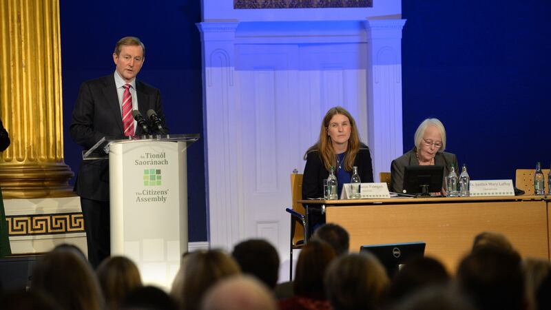 Taoiseach Enda Kenny with Ms. Justice Mary Laffoy, chairwoman (right) and Sharon Finegan, secretary, at the inaugural meeting of the Citizens’ Assembly in Dublin Castle. Photograph: Dara Mac Dónaill