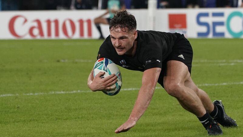 George Bridge dives to score for New Zealand in their heavy win over Ireland. Photograph: Franck Robichon/EPA