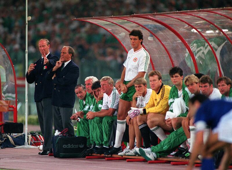 Ireland manager Jack Charlton and assistant manager Maurice Setters with David O'Leary at the World Cup in 1990. Photograph: Billy Stickland/Inpho
