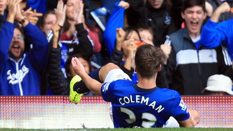 Everton’s Séamus Coleman celebrates scoring the opening goal of the game  at Goodison Park. Photograph: Peter Byrne/PA Wire