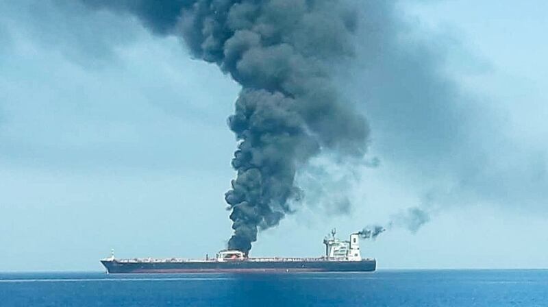 An oil tanker is seen after it was attacked at the Gulf of Oman, in waters between Gulf Arab states and Iran, June 13th, 2019. Photograph: ISNA/Handout via Reuters